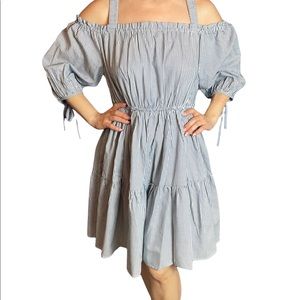 Easel Los Angeles babydoll off the shoulder striped dress NWT